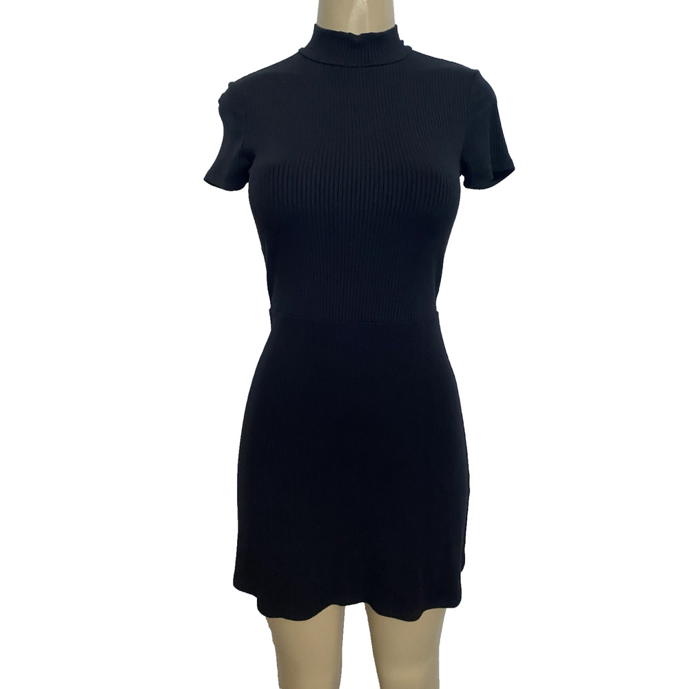 Reformation Black Ribbed Short Sleeve Mini Dress
